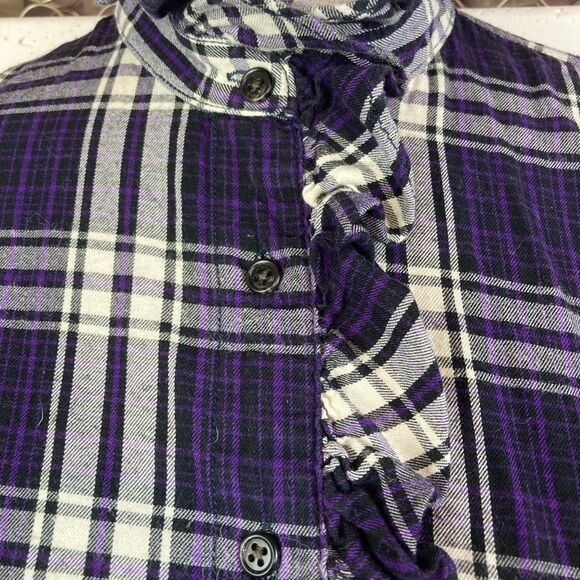 Lauren Ralph Lauren purple plaid flannel button down & up to neck, ruffled - Picture 6 of 10